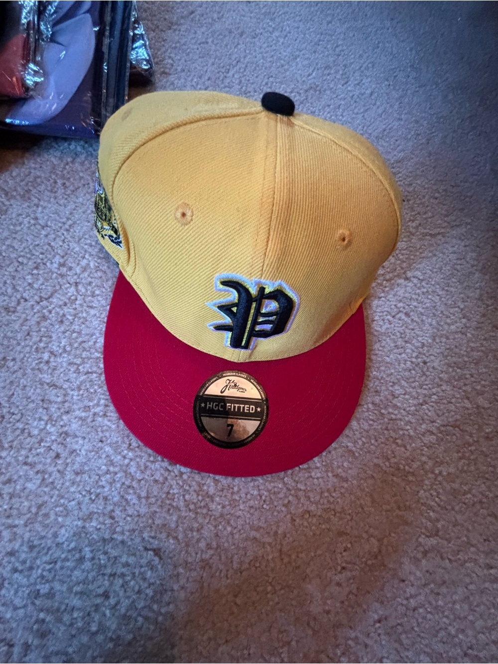 Yellow and Red Fitted Hat with Embroidered 'P' Logo